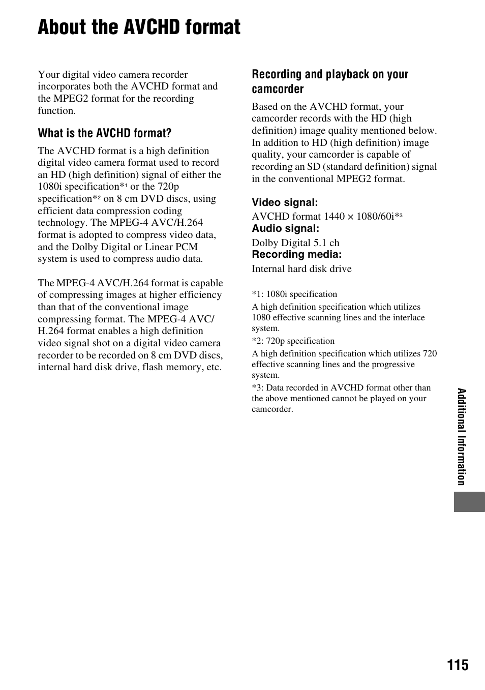About the avchd format | Sony HDR-SR1 User Manual | Page 115 / 139
