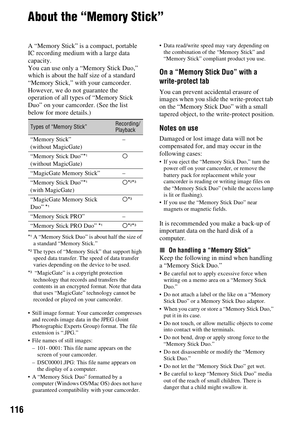 About the “memory stick, P. 116), P. 116 | Sony HDR-SR1 User Manual | Page 116 / 139