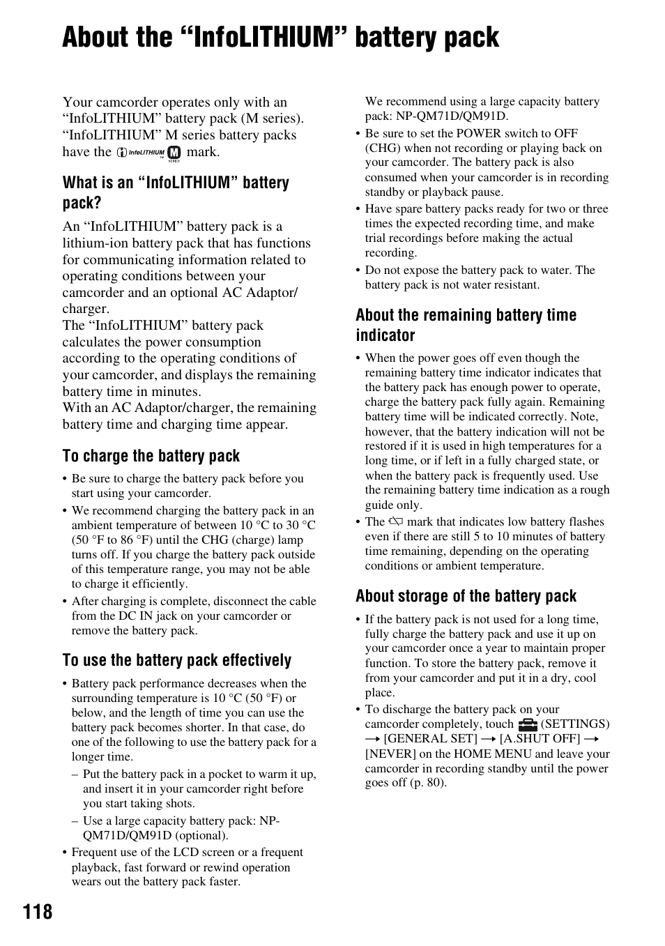 About the “infolithium” battery pack, P.118 | Sony HDR-SR1 User Manual | Page 118 / 139
