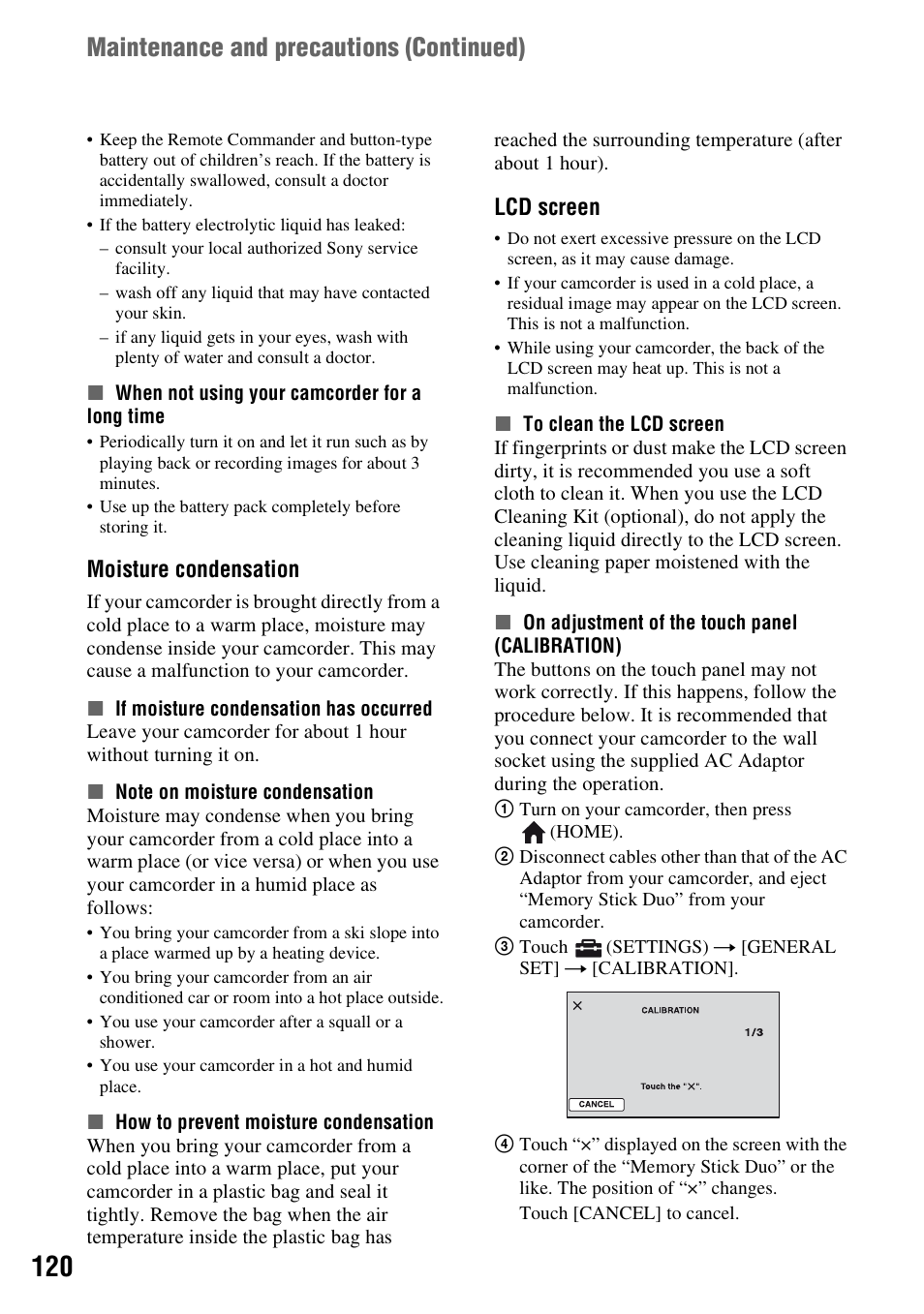 P. 120), Maintenance and precautions (continued), Moisture condensation | Lcd screen | Sony HDR-SR1 User Manual | Page 120 / 139