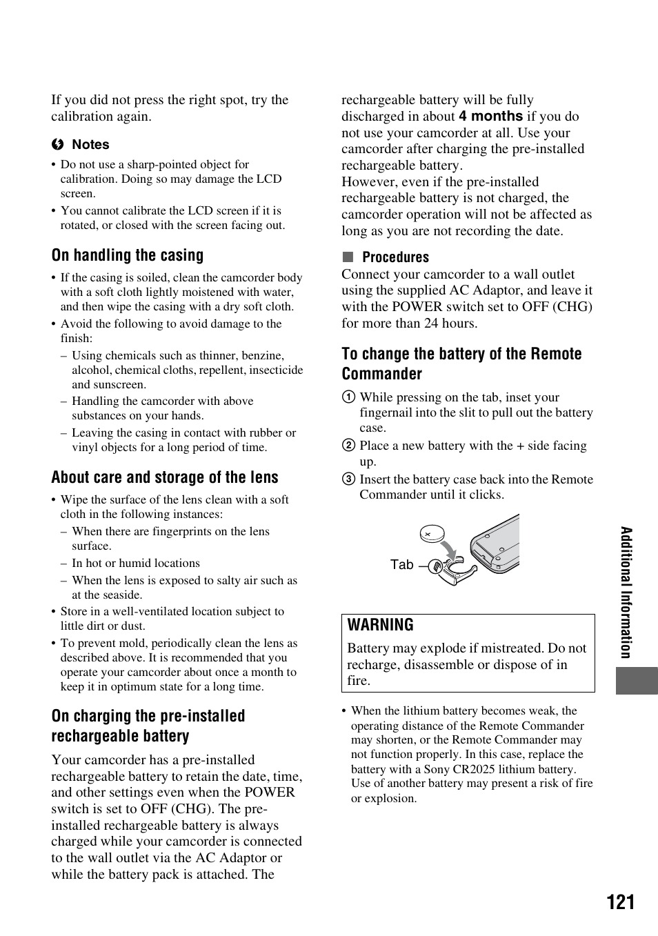 S (p. 121), On handling the casing, About care and storage of the lens | On charging the pre-installed rechargeable battery, Warning | Sony HDR-SR1 User Manual | Page 121 / 139