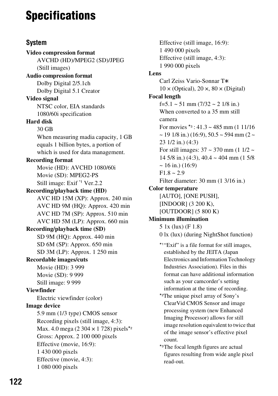 Specifications, System | Sony HDR-SR1 User Manual | Page 122 / 139