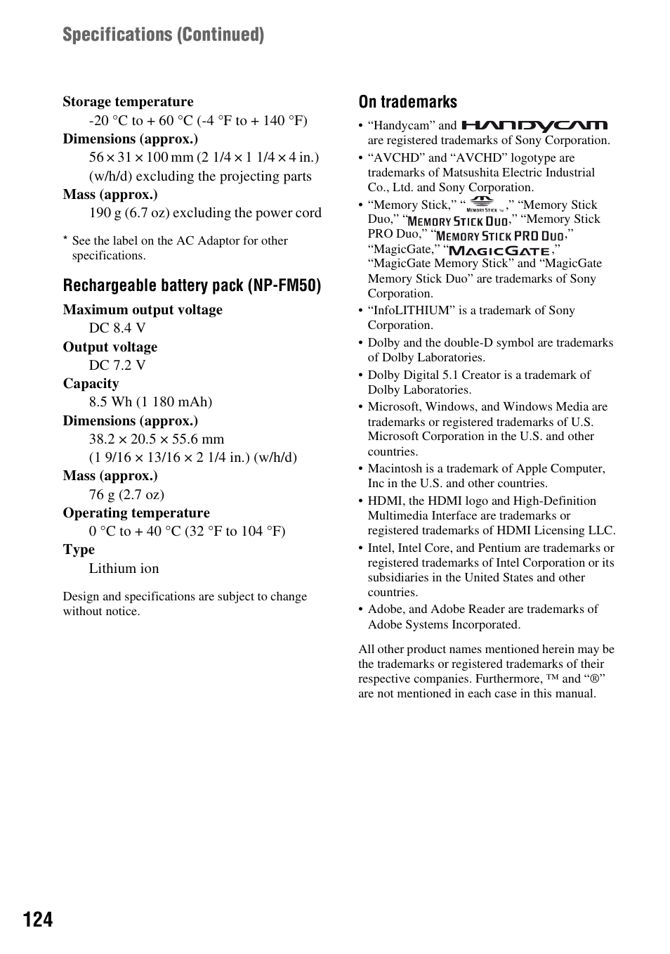 Specifications (continued), Rechargeable battery pack (np-fm50), On trademarks | Sony HDR-SR1 User Manual | Page 124 / 139