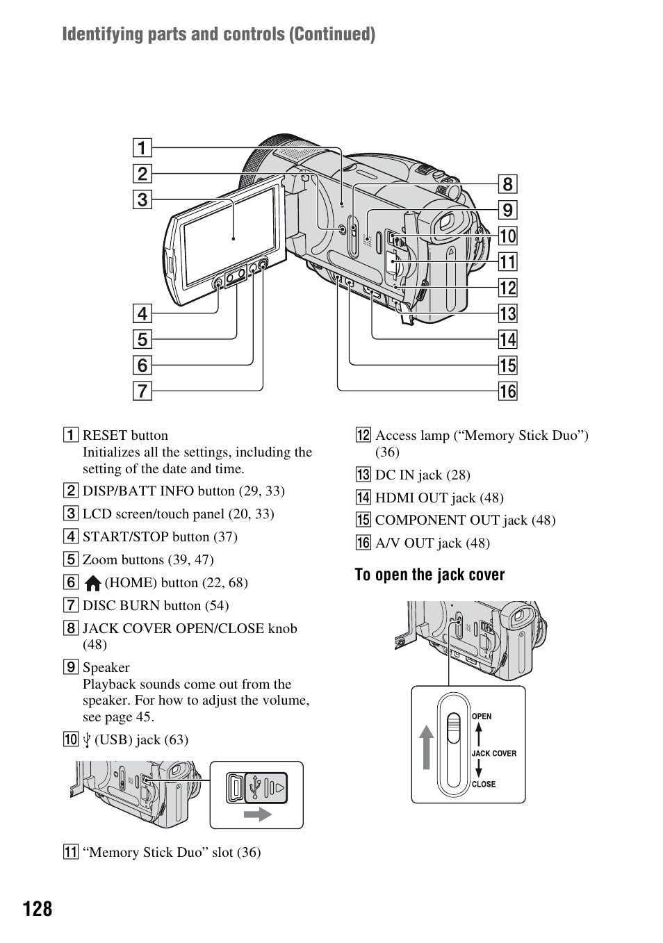 N (p. 128), Identifying parts and controls (continued) | Sony HDR-SR1 User Manual | Page 128 / 139