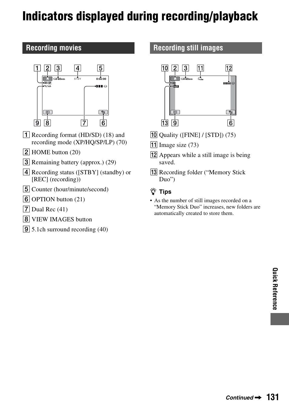 Indicators displayed during recording/playback | Sony HDR-SR1 User Manual | Page 131 / 139