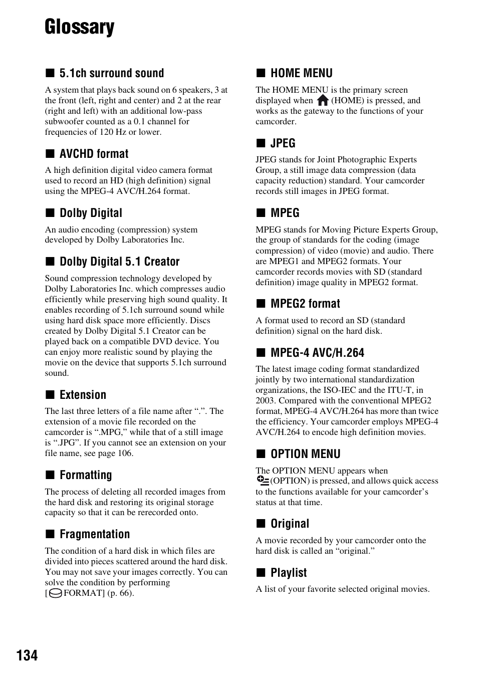 Glossary, P. 134) | Sony HDR-SR1 User Manual | Page 134 / 139