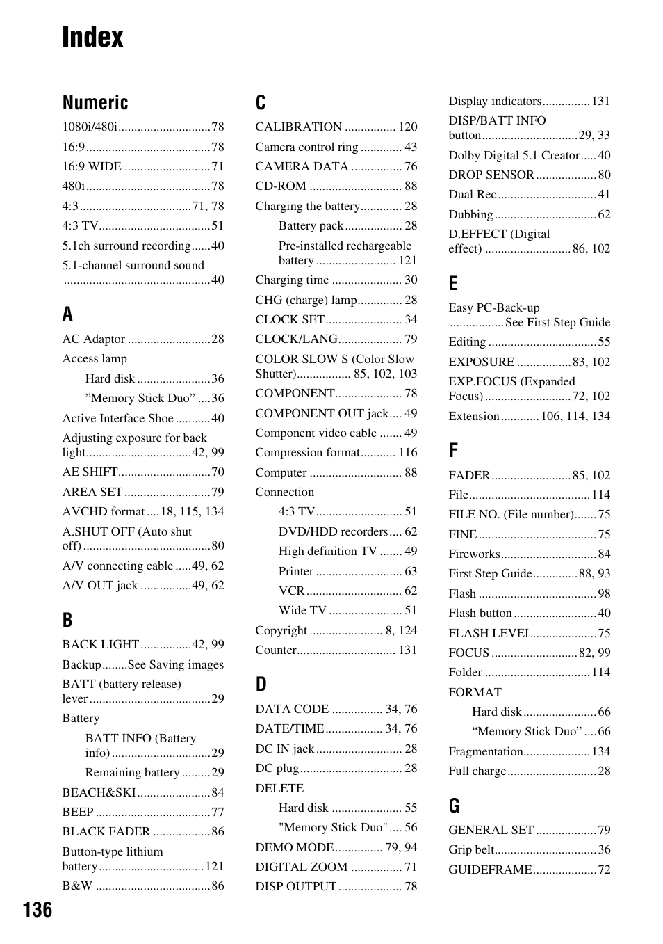Index, Numeric | Sony HDR-SR1 User Manual | Page 136 / 139
