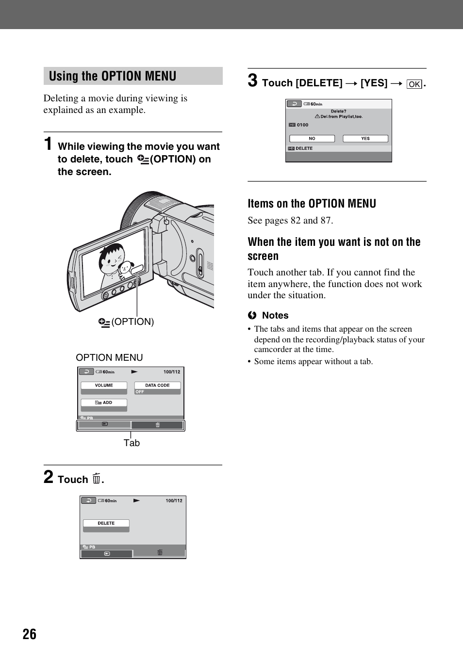 Using the option menu | Sony HDR-SR1 User Manual | Page 26 / 139