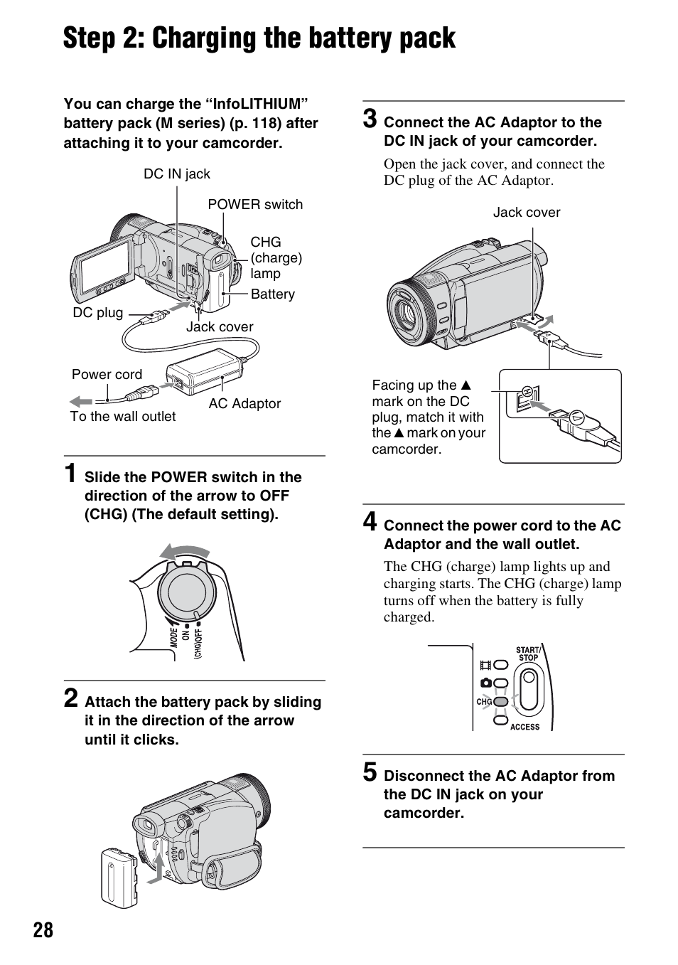 Step 2: charging the battery pack, P. 28), Ad (1) (p. 28) | P. 28 | Sony HDR-SR1 User Manual | Page 28 / 139