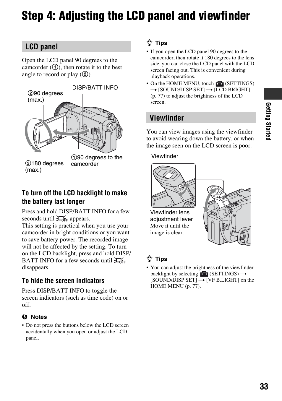 Step 4: adjusting the lcd panel and viewfinder, Lcd panel, Viewfinder | Sony HDR-SR1 User Manual | Page 33 / 139