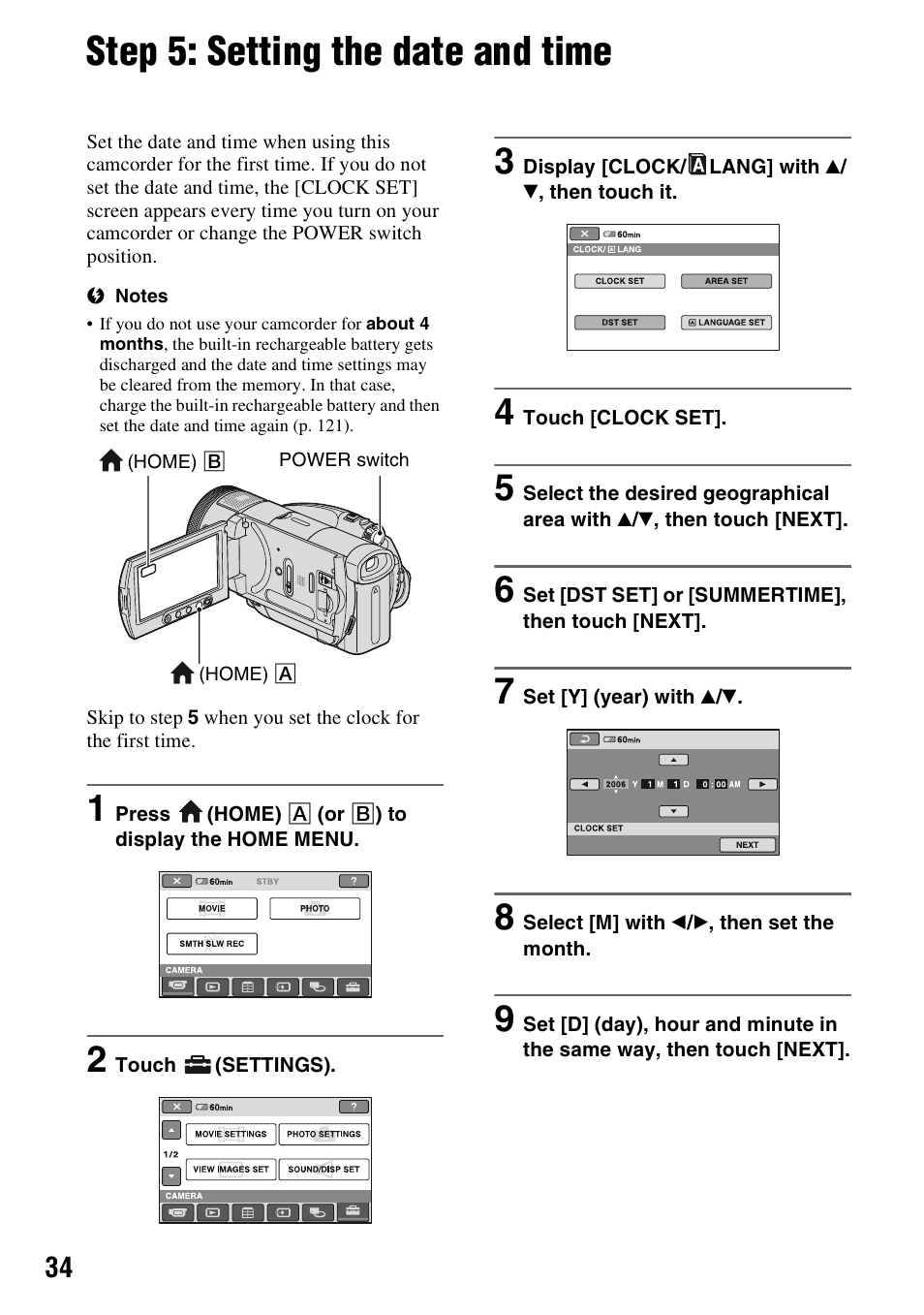 Step 5: setting the date and time | Sony HDR-SR1 User Manual | Page 34 / 139