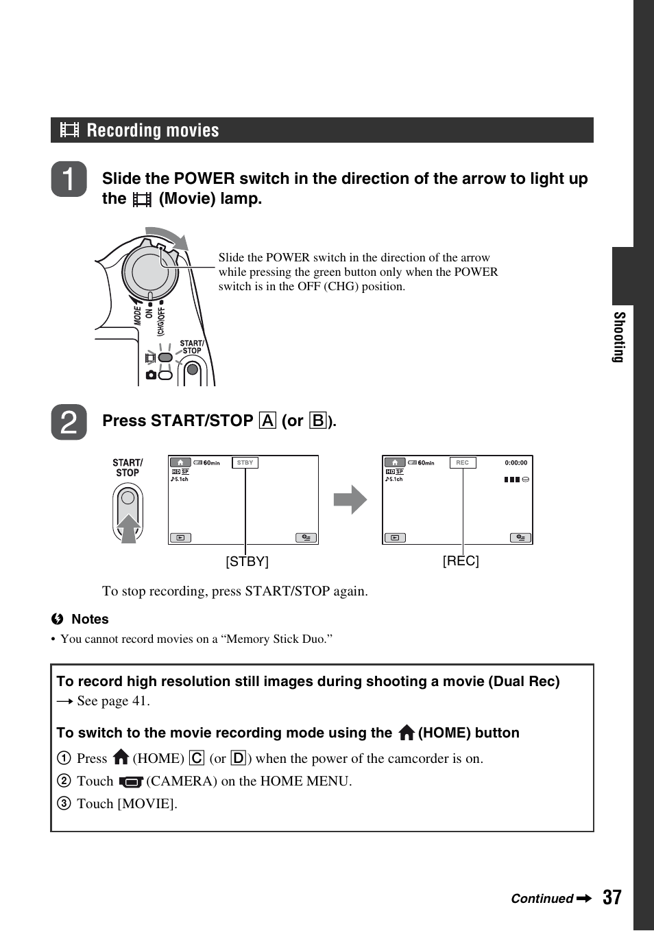 Recording movies, Ovie (p. 37) | Sony HDR-SR1 User Manual | Page 37 / 139