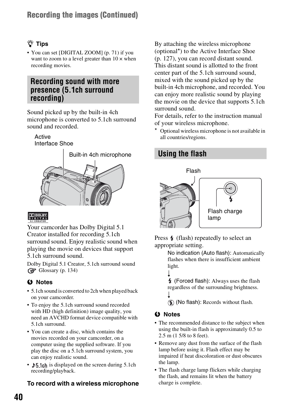 Using the flash, Recording the images (continued) | Sony HDR-SR1 User Manual | Page 40 / 139