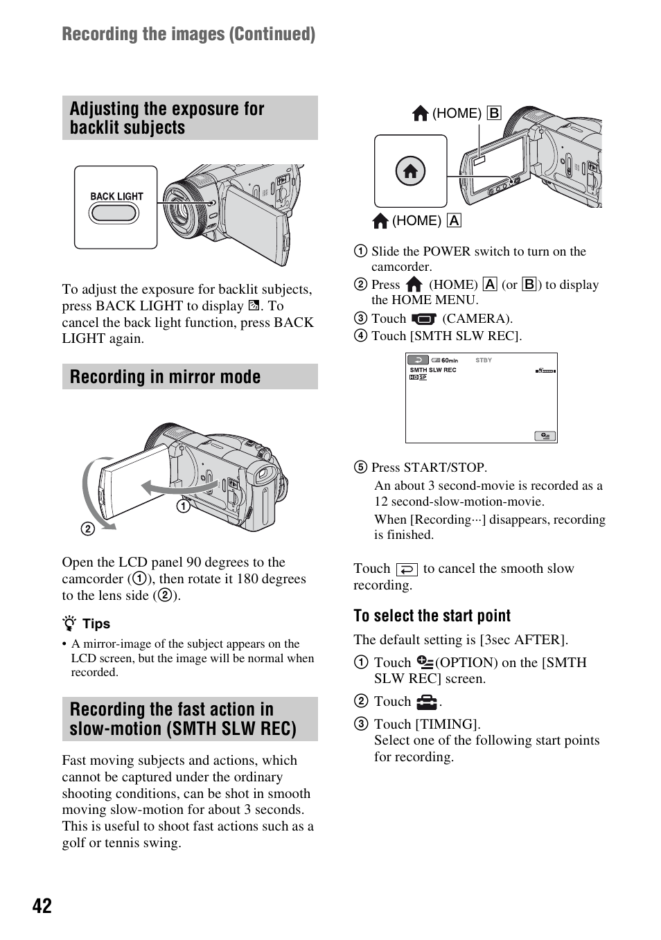 Adjusting the exposure for backlit subjects, Recording in mirror mode, P. 42 | Recording the images (continued) | Sony HDR-SR1 User Manual | Page 42 / 139