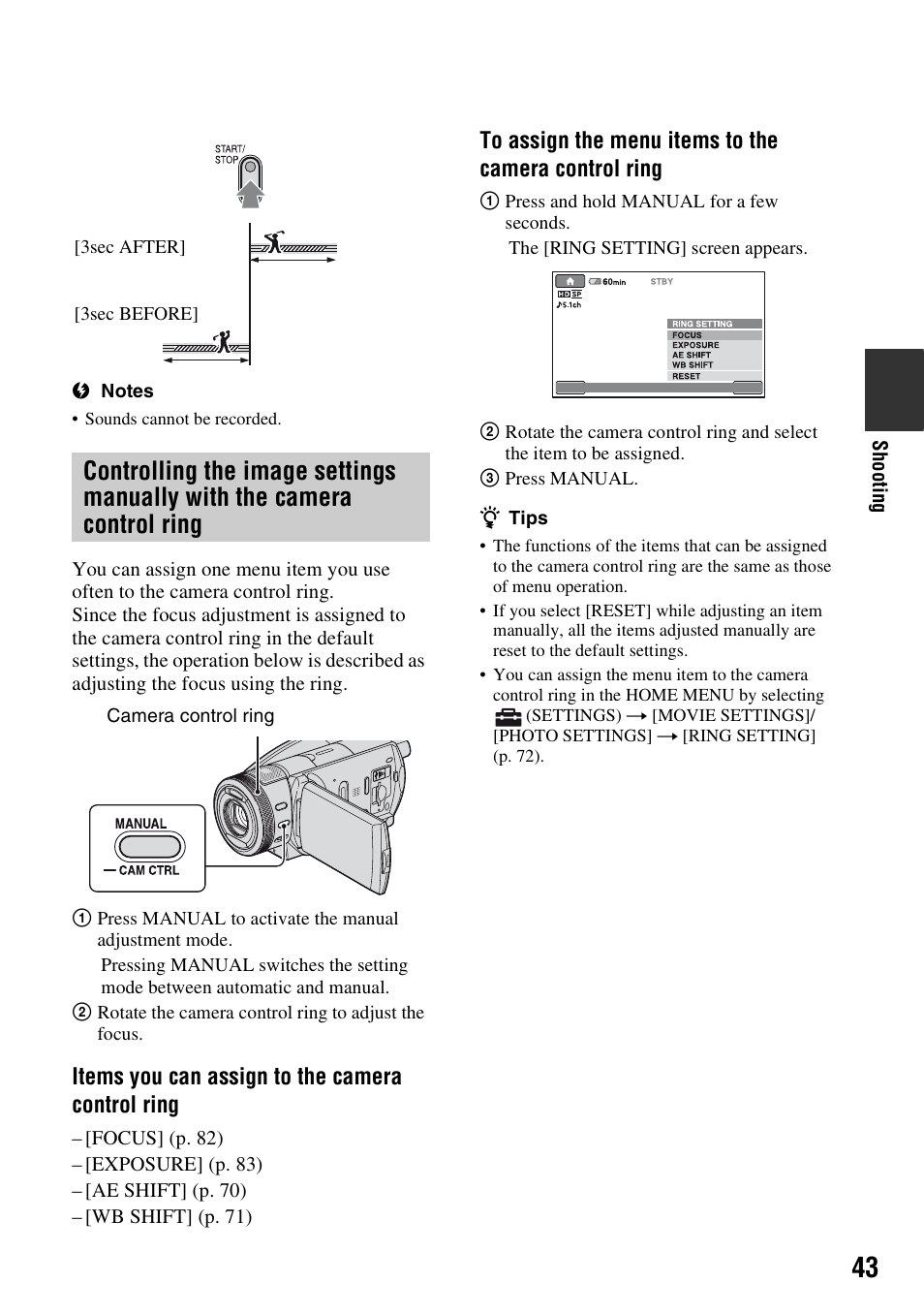 Items you can assign to the camera control ring | Sony HDR-SR1 User Manual | Page 43 / 139