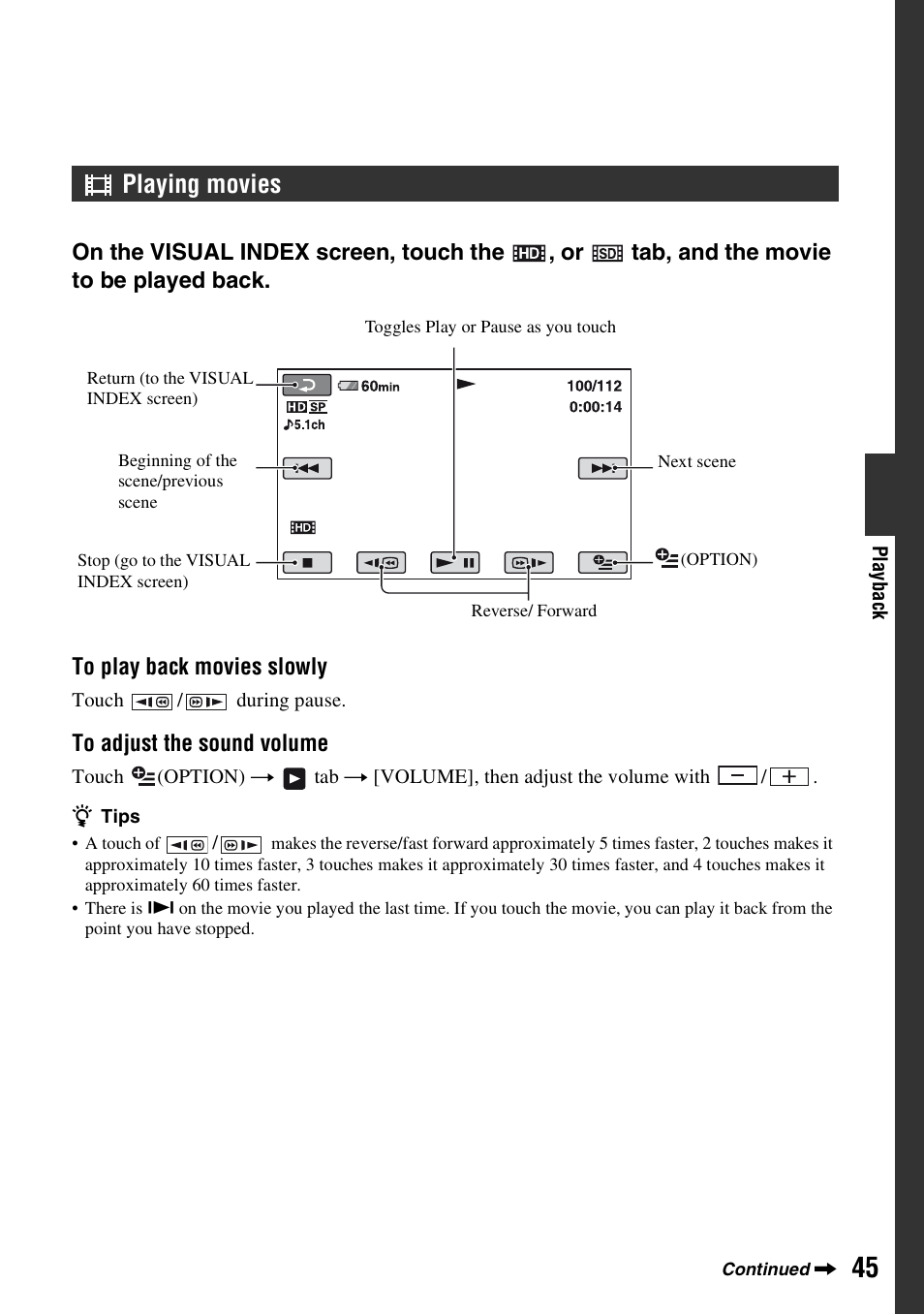Playing movies | Sony HDR-SR1 User Manual | Page 45 / 139