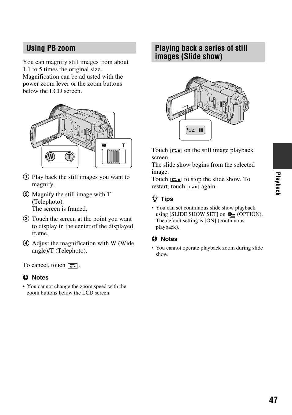 Using pb zoom, Playing back a series of still images (slide show) | Sony HDR-SR1 User Manual | Page 47 / 139