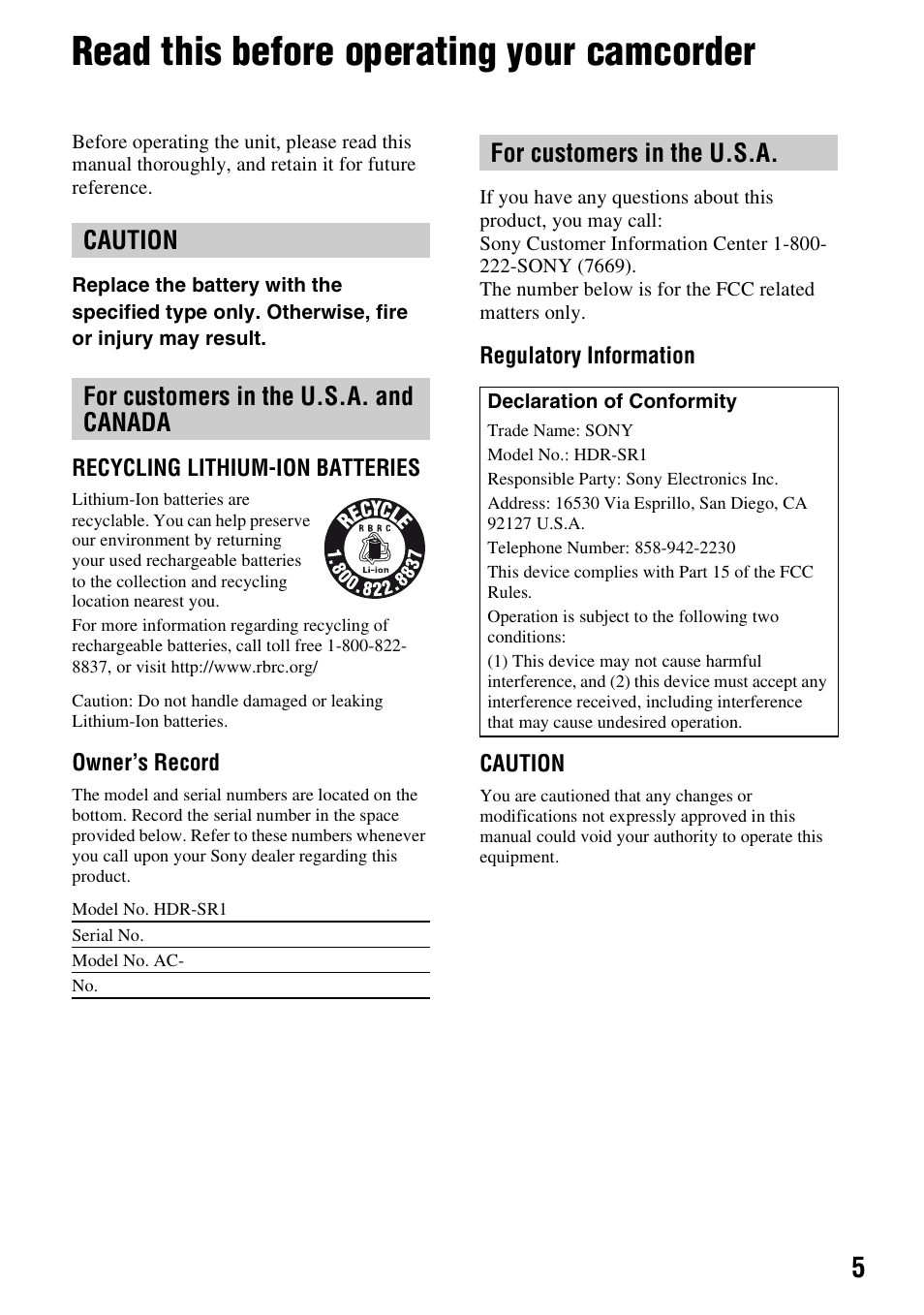 Read this before operating your camcorder, Caution, For customers in the u.s.a. and canada | For customers in the u.s.a, Caution for customers in the u.s.a. and canada | Sony HDR-SR1 User Manual | Page 5 / 139