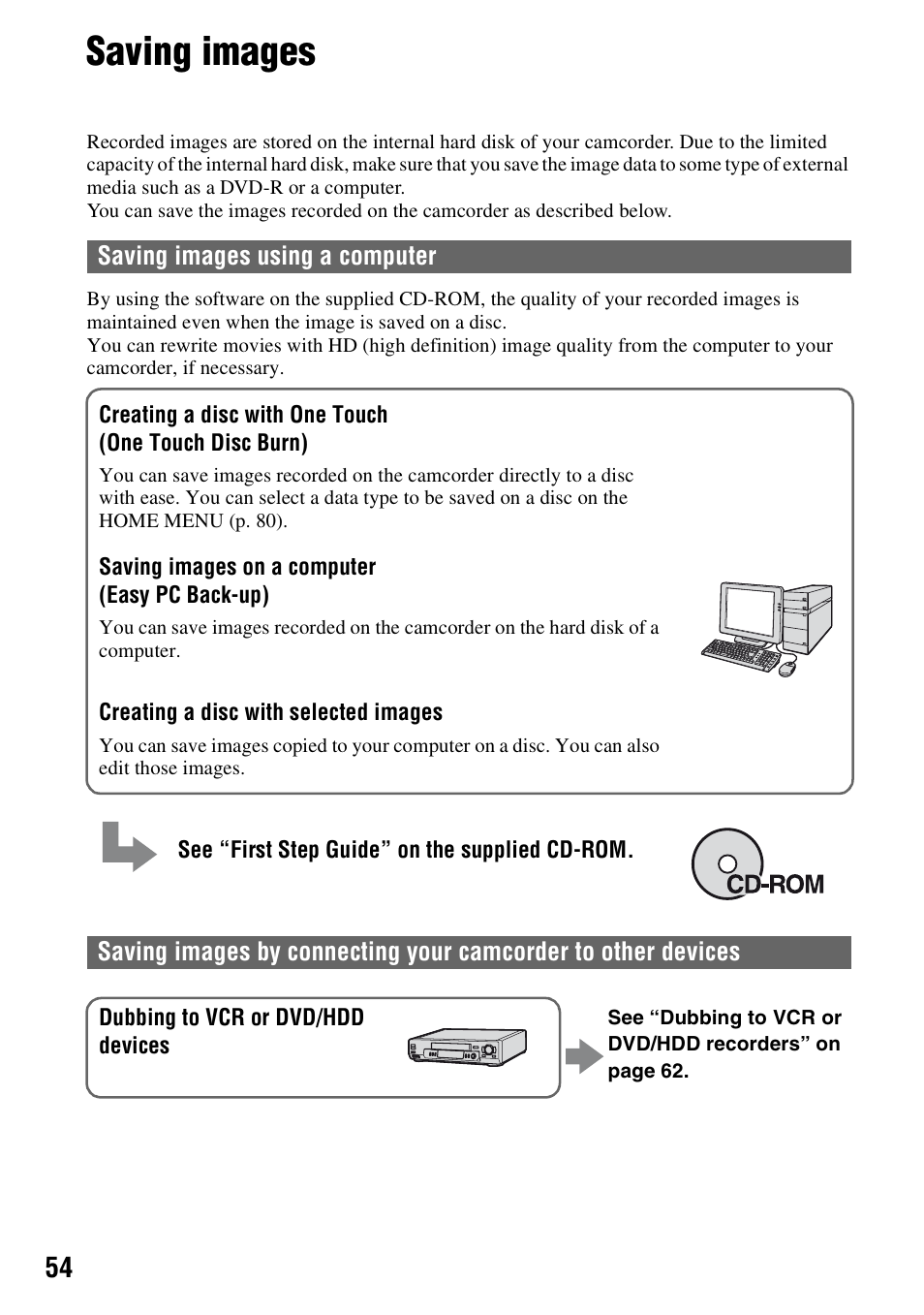Saving images, Saving images using a computer | Sony HDR-SR1 User Manual | Page 54 / 139