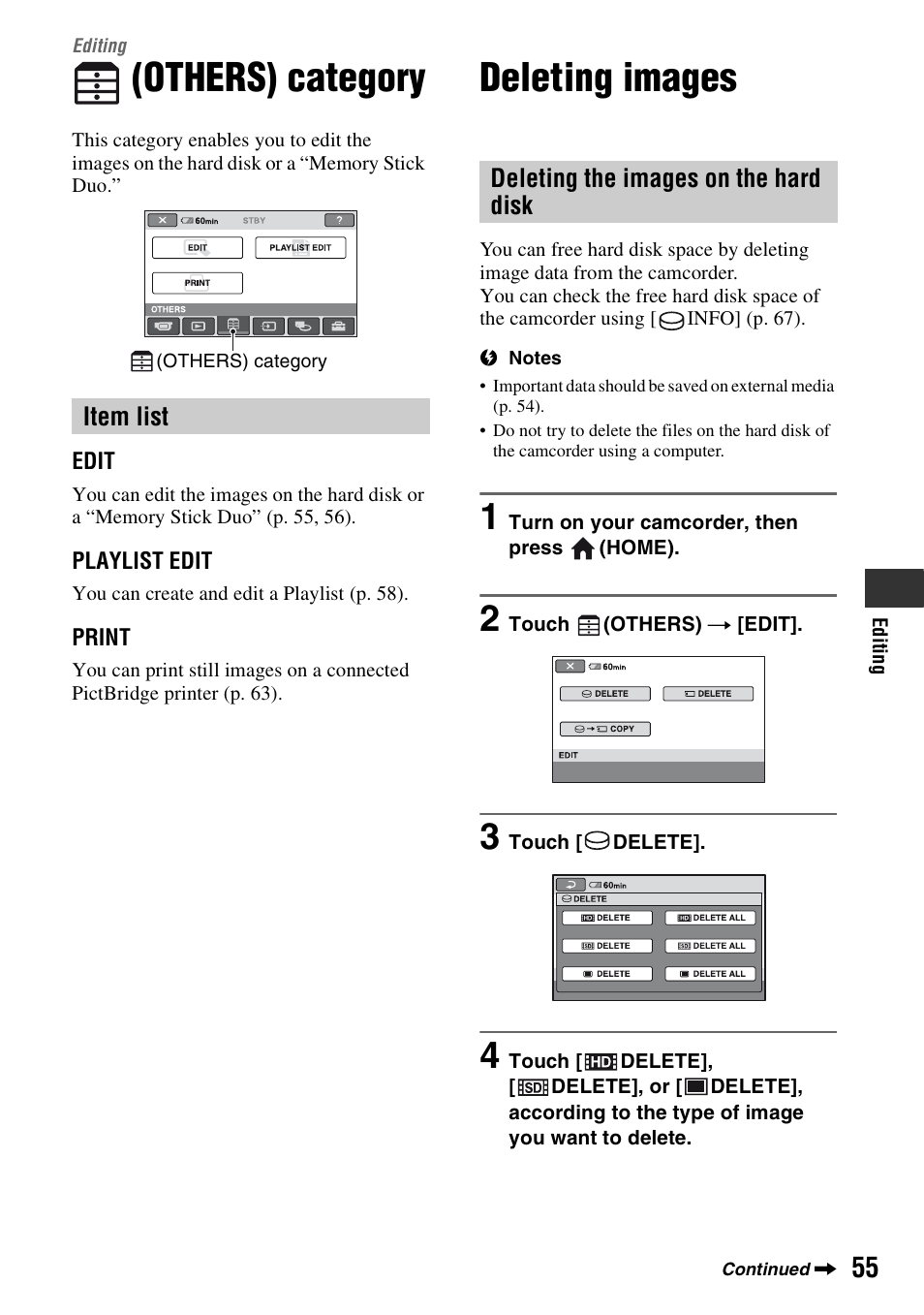 Editing, Others) category, Item list | Deleting images, Deleting the images on the hard disk, P. 55 | Sony HDR-SR1 User Manual | Page 55 / 139