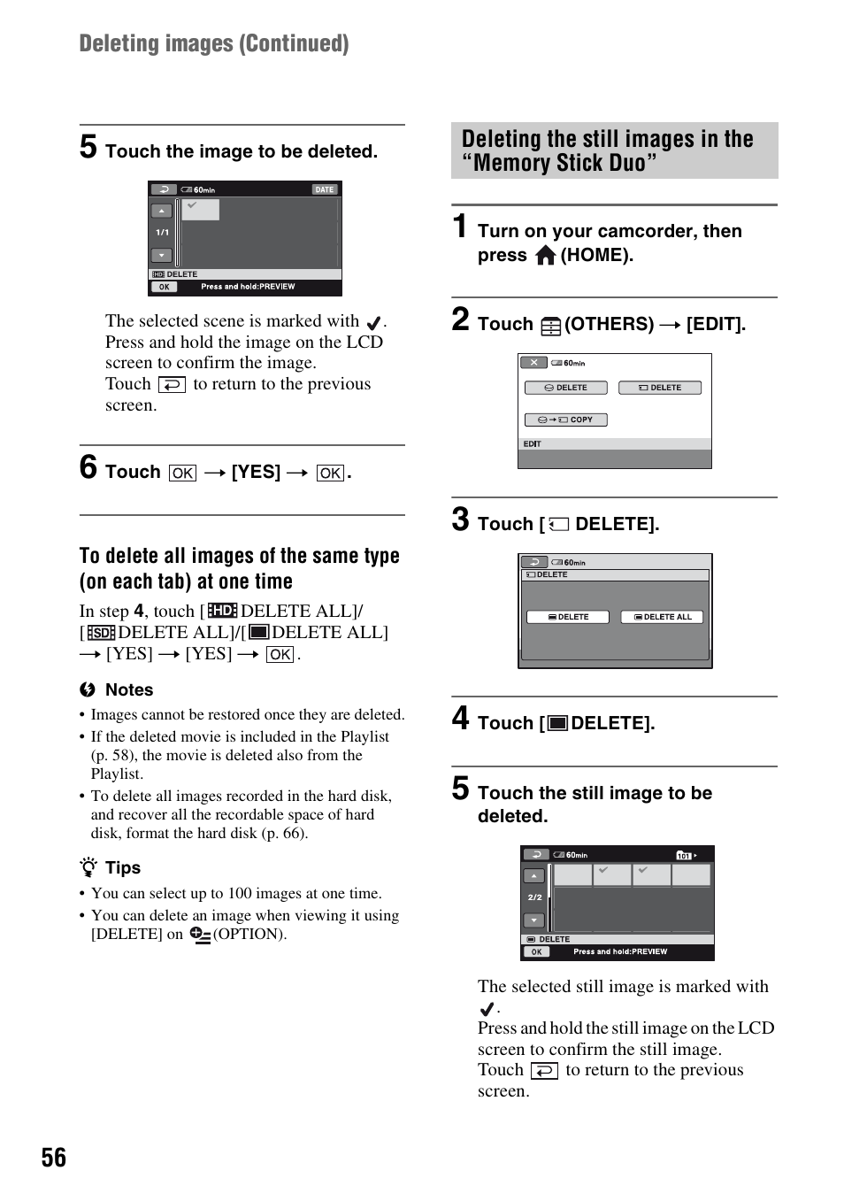 Deleting the still images in the “memory stick duo, Deleting images (continued) | Sony HDR-SR1 User Manual | Page 56 / 139