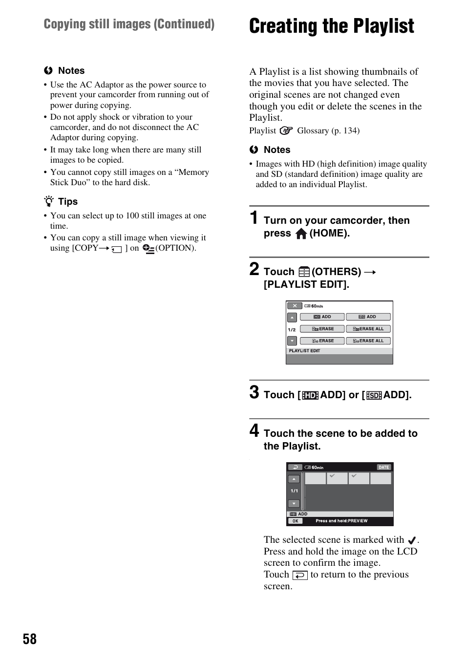 Creating the playlist, T (p. 58), T edit (p. 58) | P. 58), Copying still images (continued) | Sony HDR-SR1 User Manual | Page 58 / 139