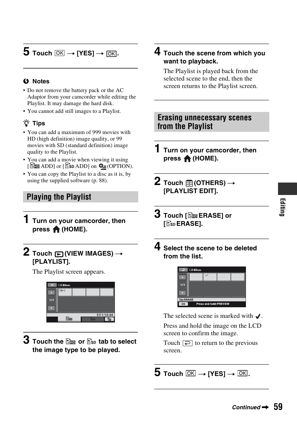Playing the playlist, Erasing unnecessary scenes from the playlist | Sony HDR-SR1 User Manual | Page 59 / 139