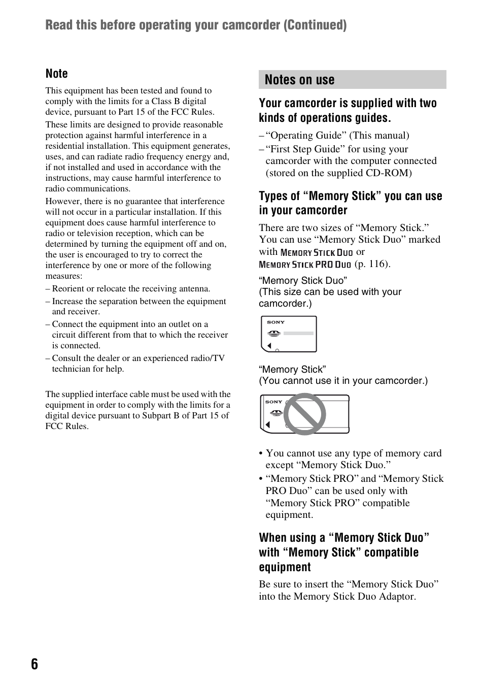 Notes on use | Sony HDR-SR1 User Manual | Page 6 / 139