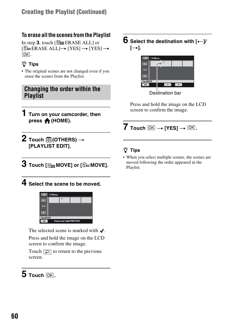 Changing the order within the playlist | Sony HDR-SR1 User Manual | Page 60 / 139