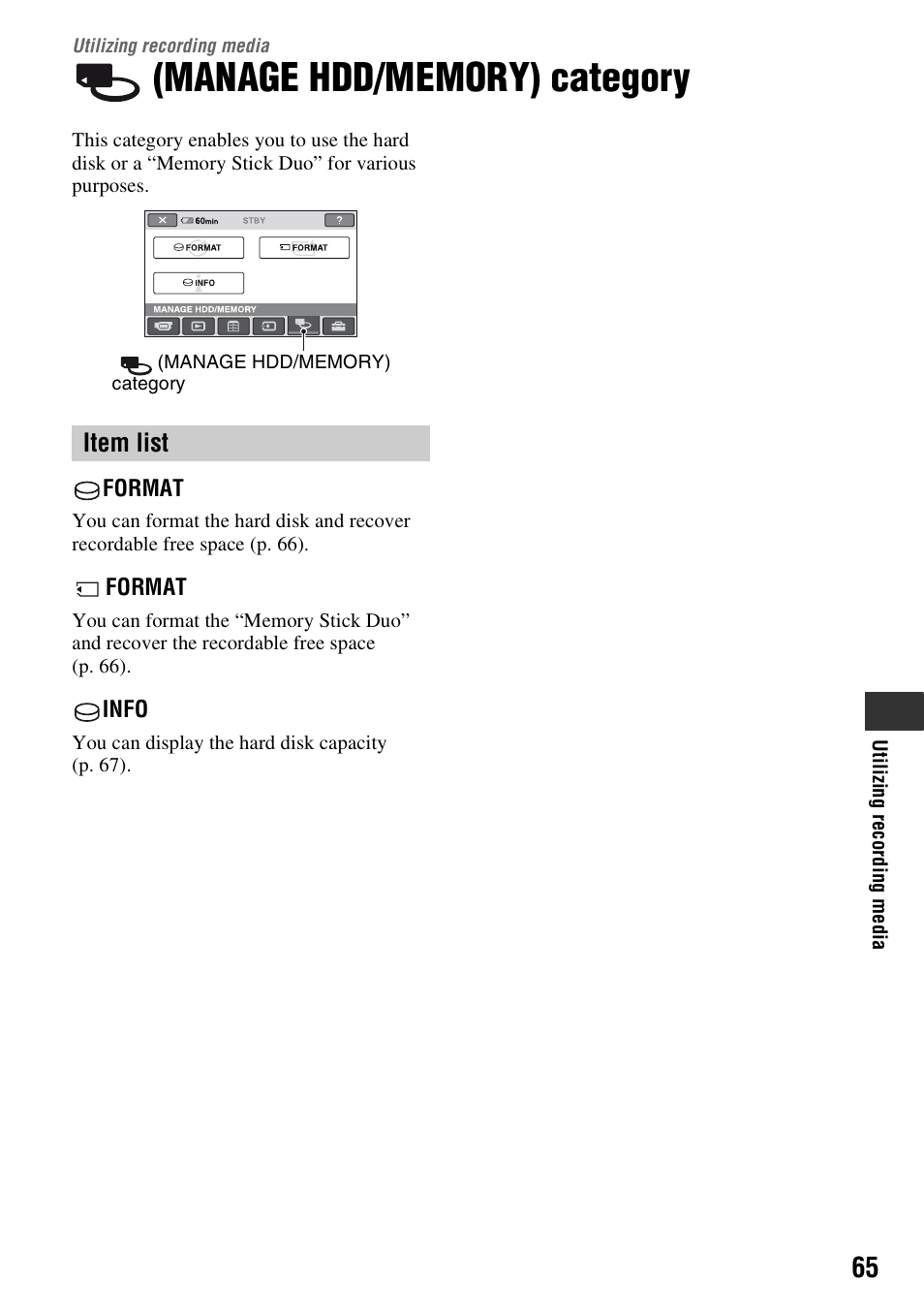 Utilizing recording media, Manage hdd/memory) category, Item list | Sony HDR-SR1 User Manual | Page 65 / 139