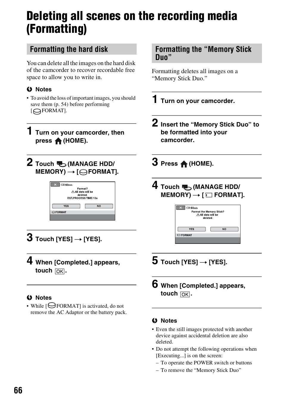 Formatting the hard disk, Formatting the “memory stick duo, P. 66) | Sony HDR-SR1 User Manual | Page 66 / 139