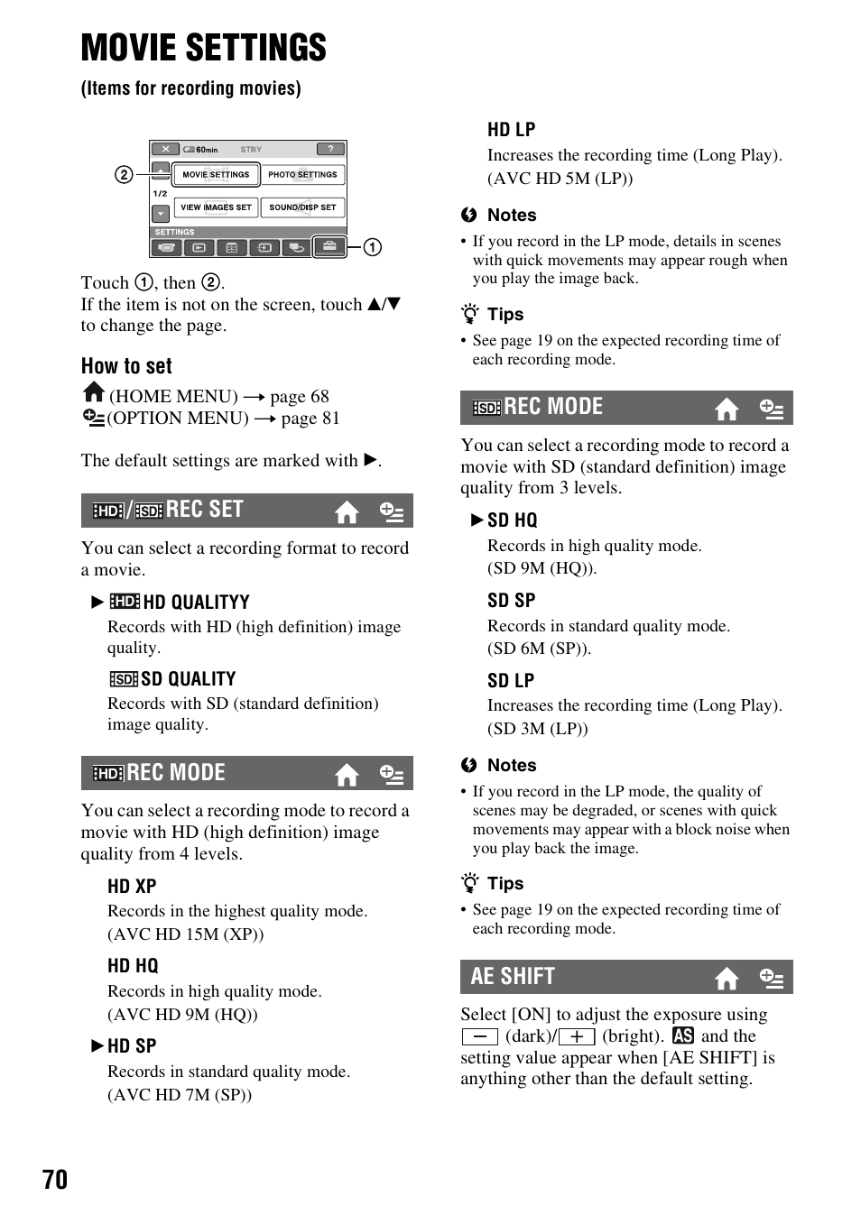 Movie settings, Items for recording movies), P. 70) | Rec set rec mode, Rec mode ae shift | Sony HDR-SR1 User Manual | Page 70 / 139