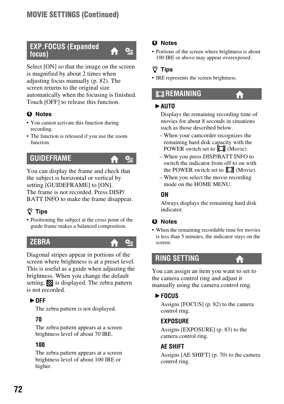 P. 72), Movie settings (continued) | Sony HDR-SR1 User Manual | Page 72 / 139