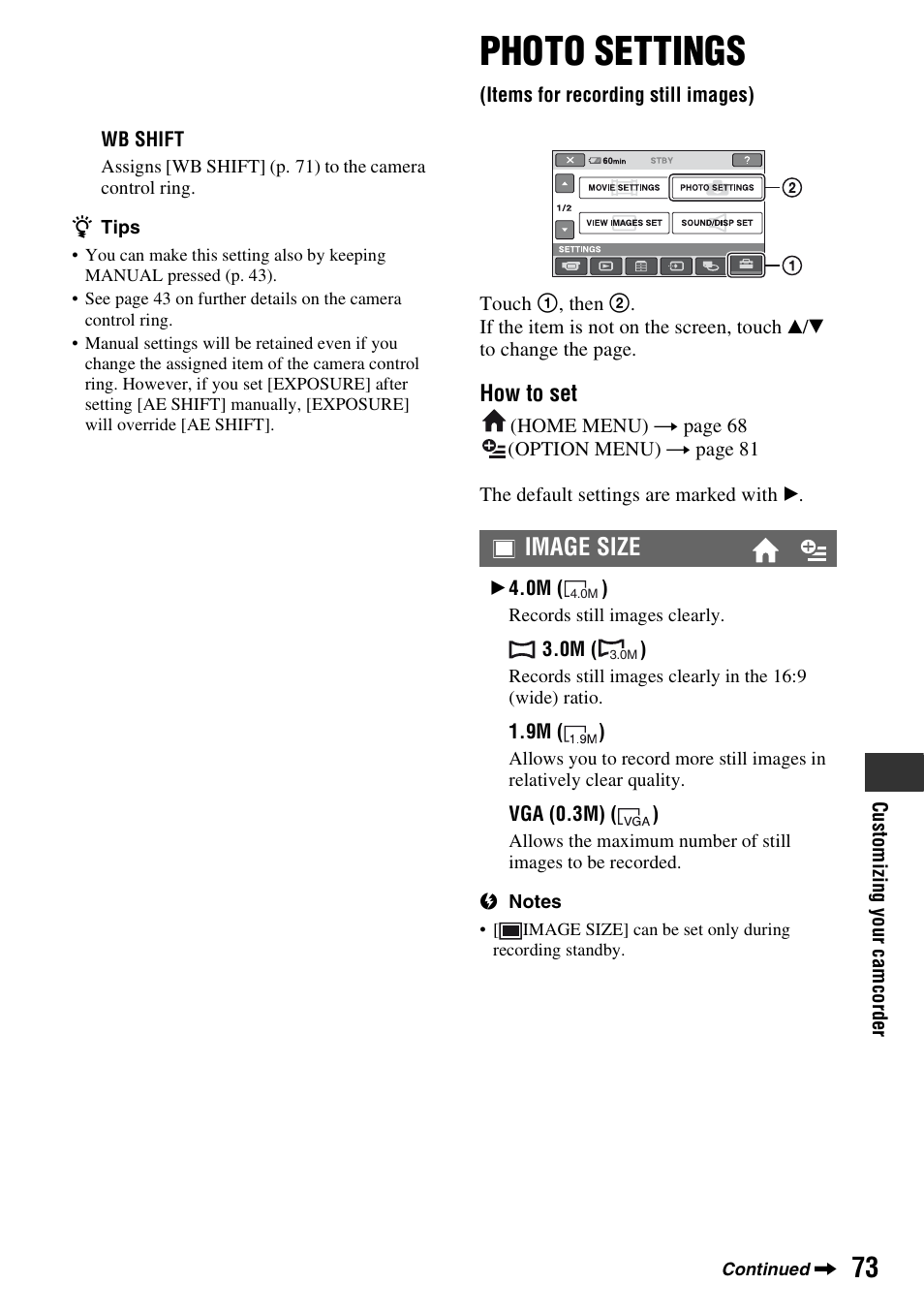 Photo settings, Items for recording still images), P. 73) | Image size | Sony HDR-SR1 User Manual | Page 73 / 139