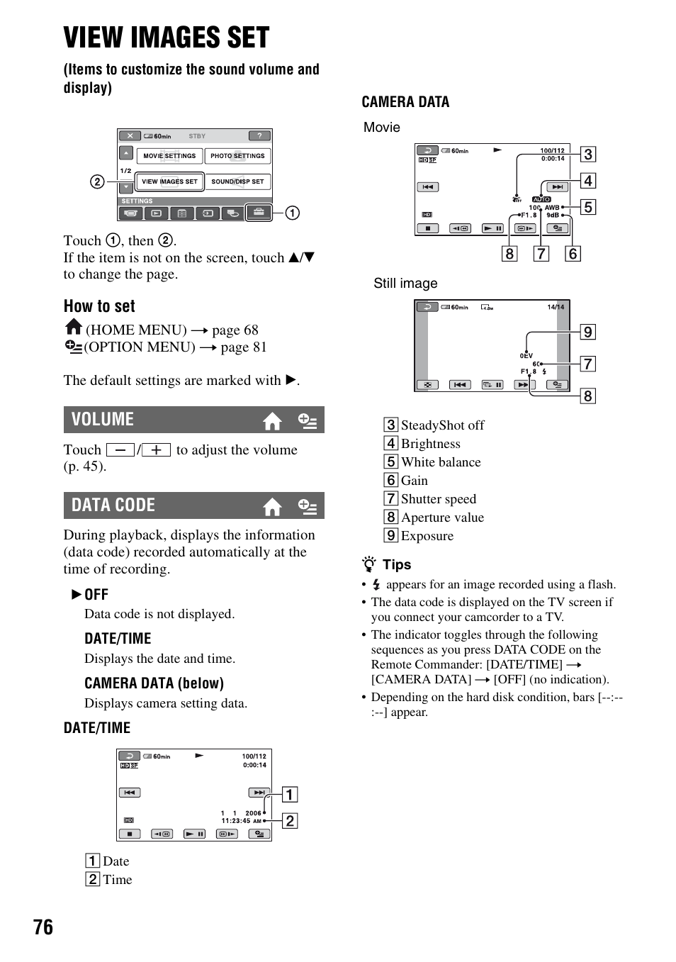 View images set, Items to customize the sound volume and display), Een (p. 76) | P. 76), Volume data code | Sony HDR-SR1 User Manual | Page 76 / 139