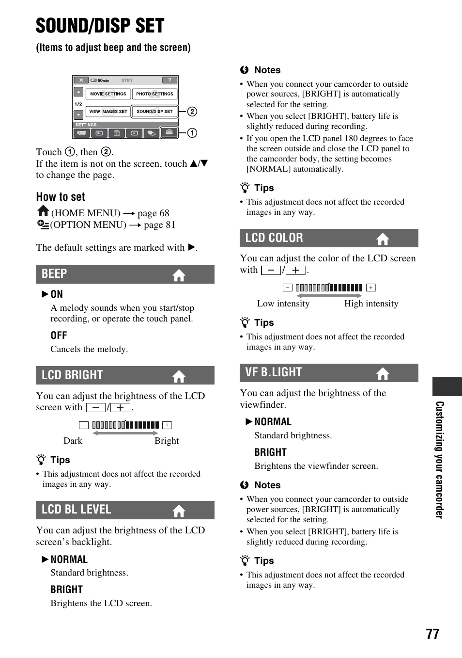 Sound/disp set, Items to adjust beep and the screen), P. 77) | Beep lcd bright lcd bl level, Lcd color vf b.light | Sony HDR-SR1 User Manual | Page 77 / 139