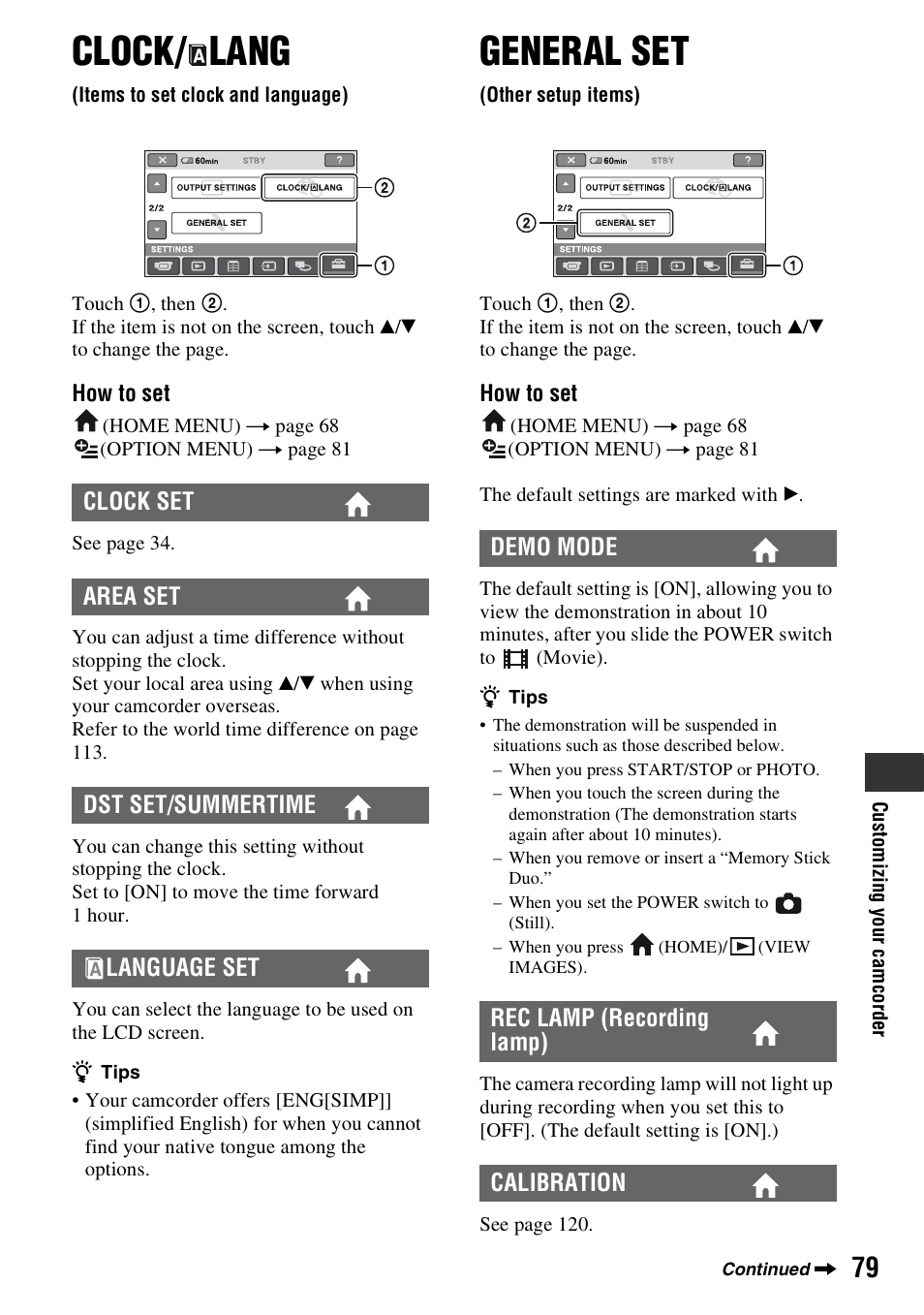 Clock/lang, General set, Clock | Items to set clock and language), Other setup items), P. 79, P. 79), Clock/ lang | Sony HDR-SR1 User Manual | Page 79 / 139
