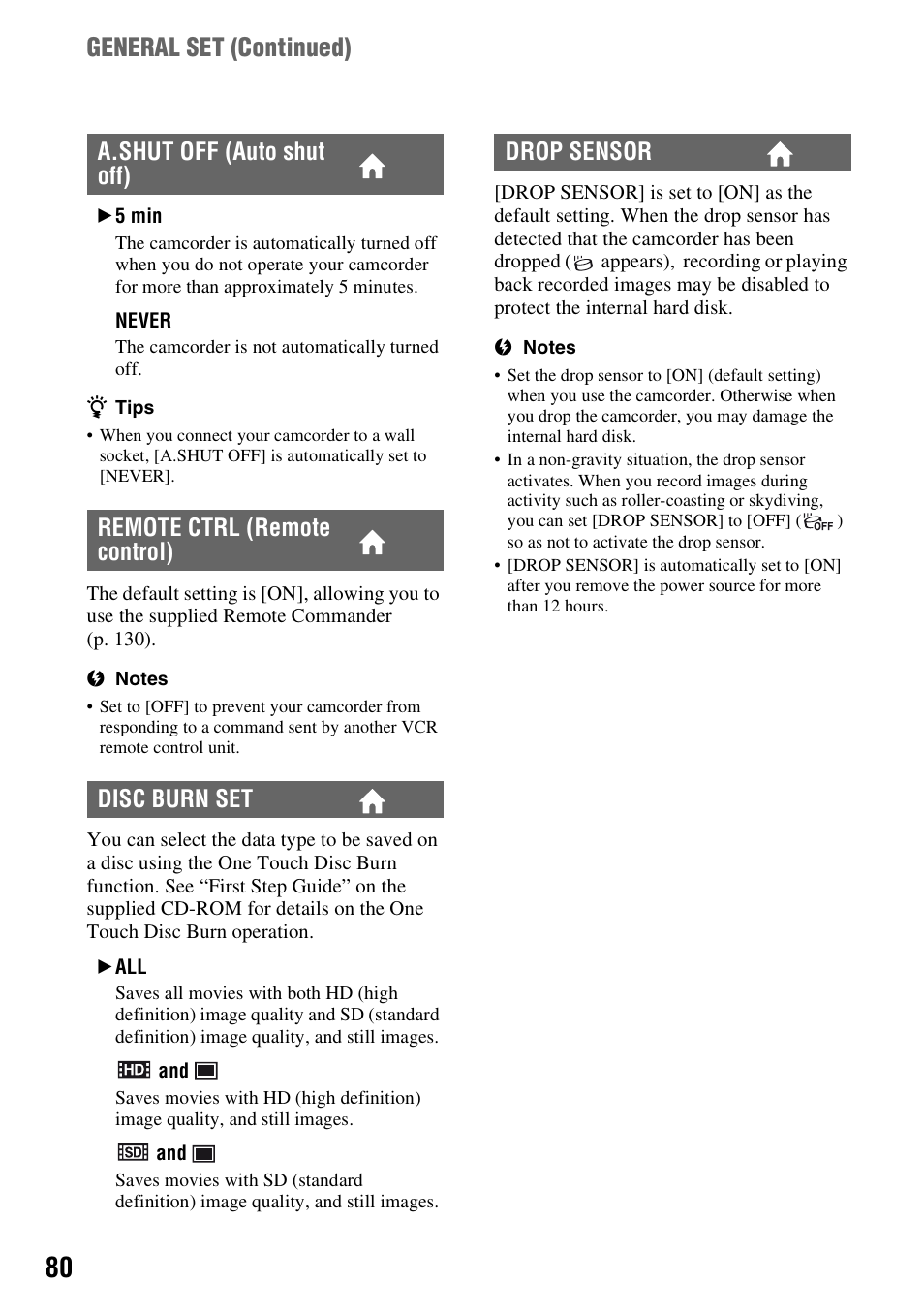 P. 80, General set (continued) | Sony HDR-SR1 User Manual | Page 80 / 139
