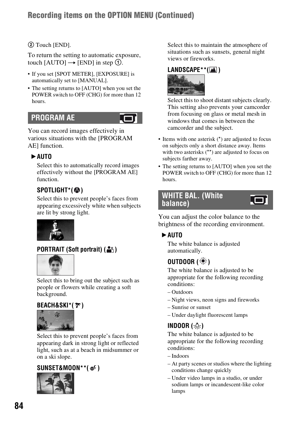 Recording items on the option menu (continued), Program ae white bal. (white balance) | Sony HDR-SR1 User Manual | Page 84 / 139