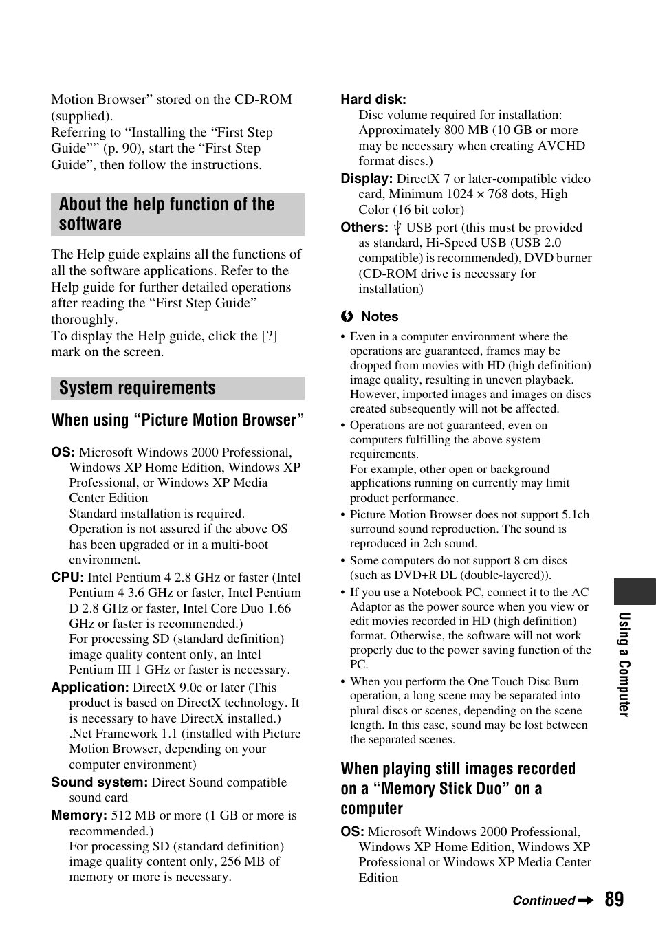 About the help function of the software, System requirements, When using “picture motion browser | Sony HDR-SR1 User Manual | Page 89 / 139