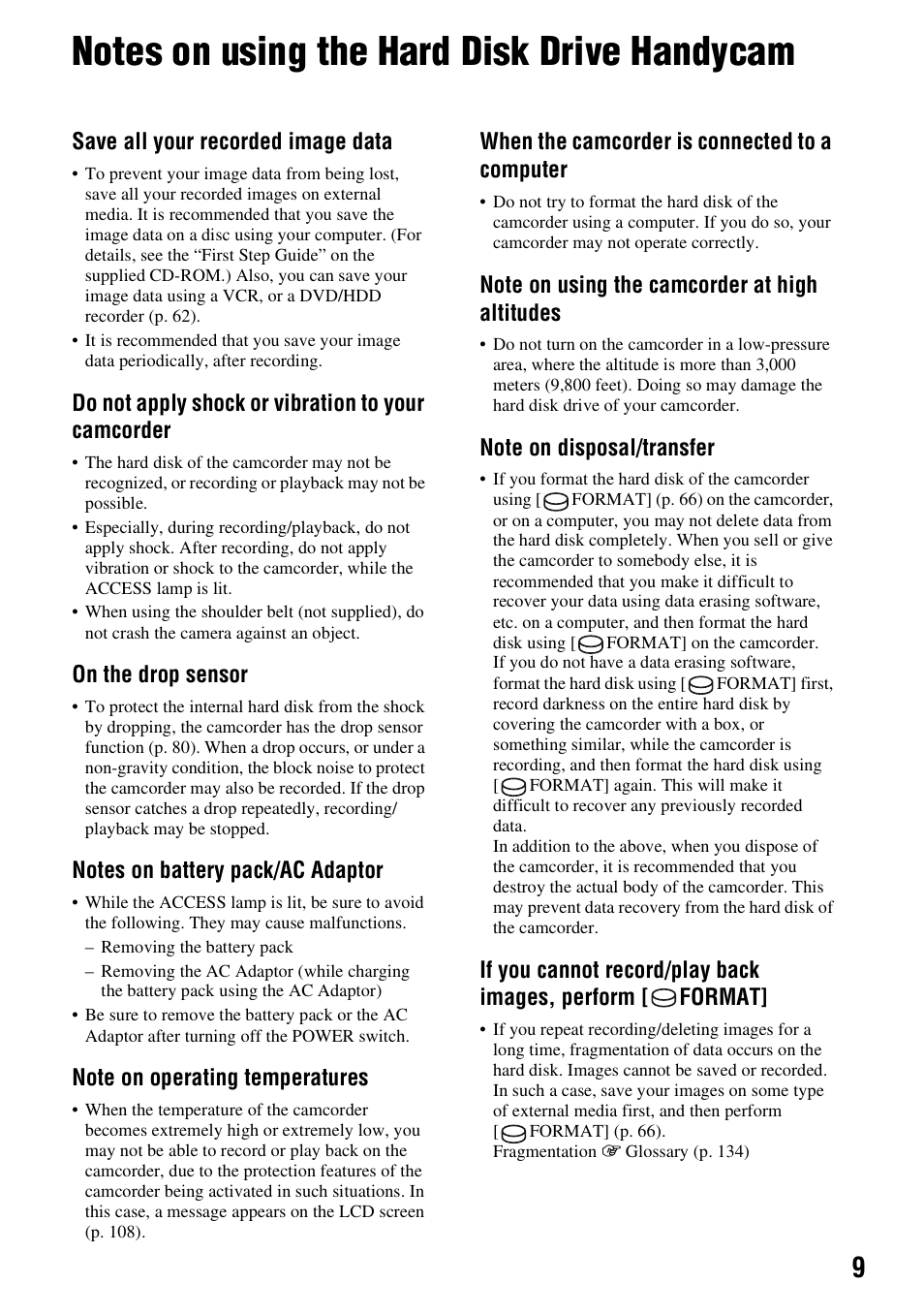 Notes on using the hard disk drive handycam | Sony HDR-SR1 User Manual | Page 9 / 139