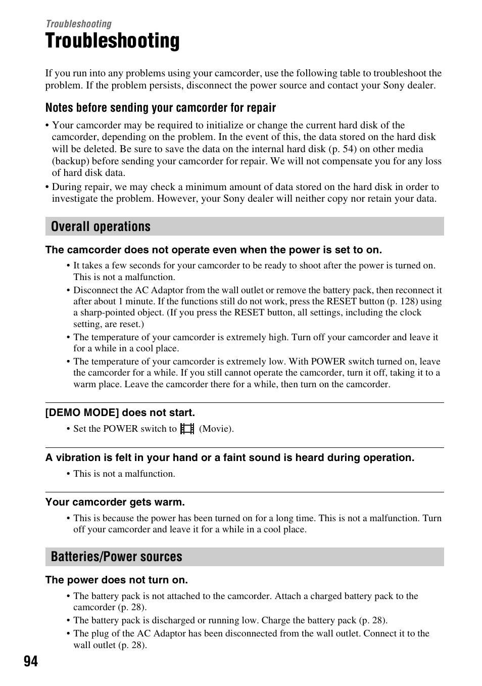 Troubleshooting, Overall operations, Batteries/power sources | Overall operations batteries/power sources | Sony HDR-SR1 User Manual | Page 94 / 139