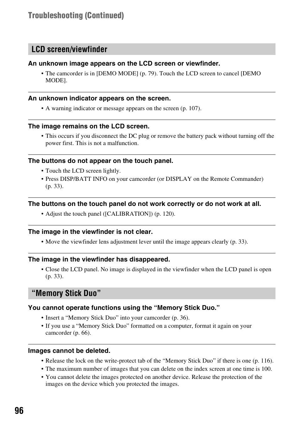 Lcd screen/viewfinder, Memory stick duo, Troubleshooting (continued) | Sony HDR-SR1 User Manual | Page 96 / 139