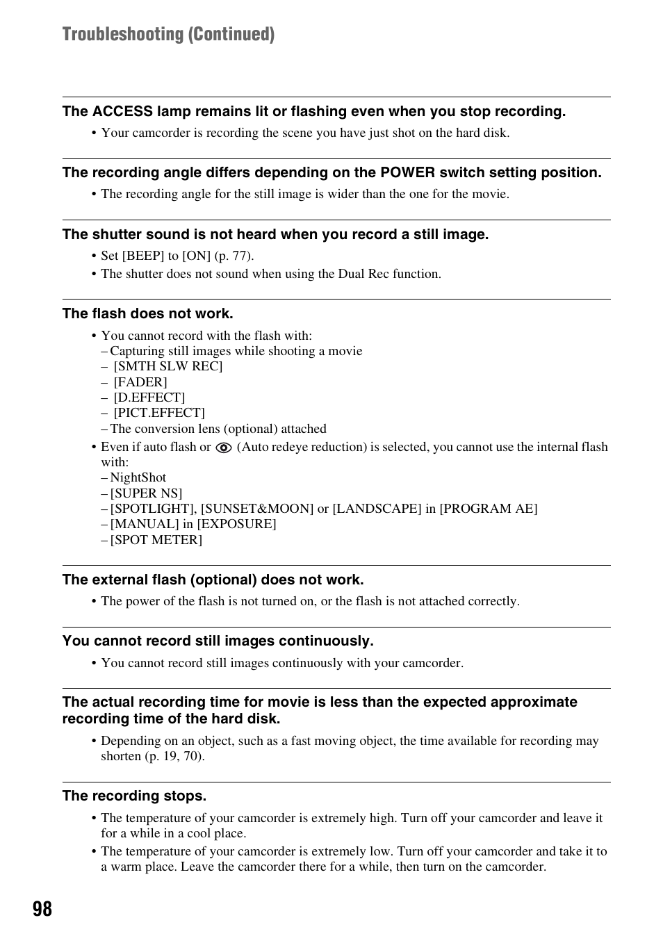 Troubleshooting (continued) | Sony HDR-SR1 User Manual | Page 98 / 139