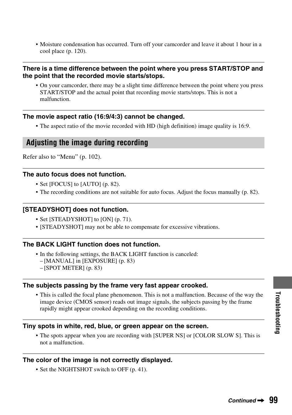 Adjusting the image during recording, Adjusting the image during recording” (p. 99) | Sony HDR-SR1 User Manual | Page 99 / 139