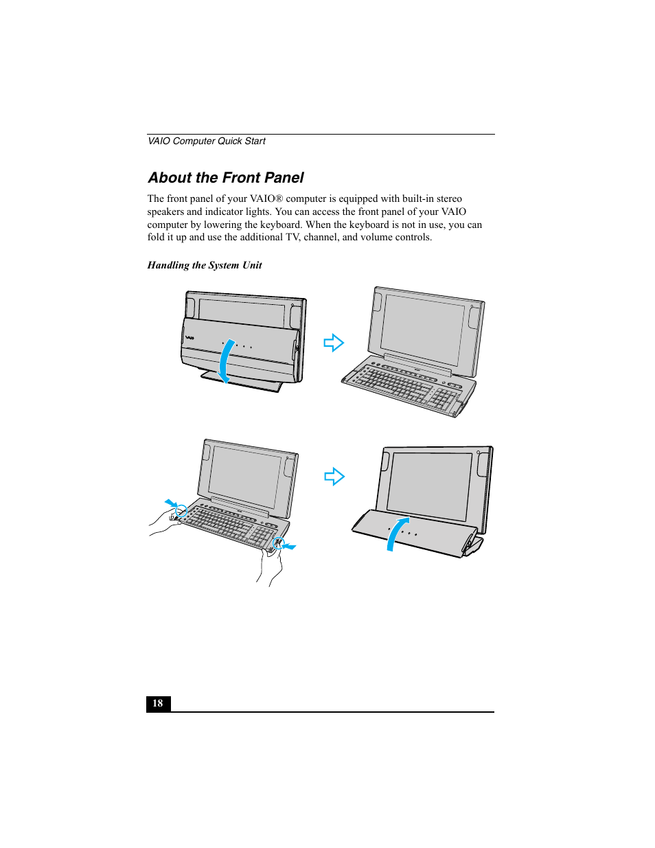 About the front panel | Sony PCV-W600G User Manual | Page 18 / 40