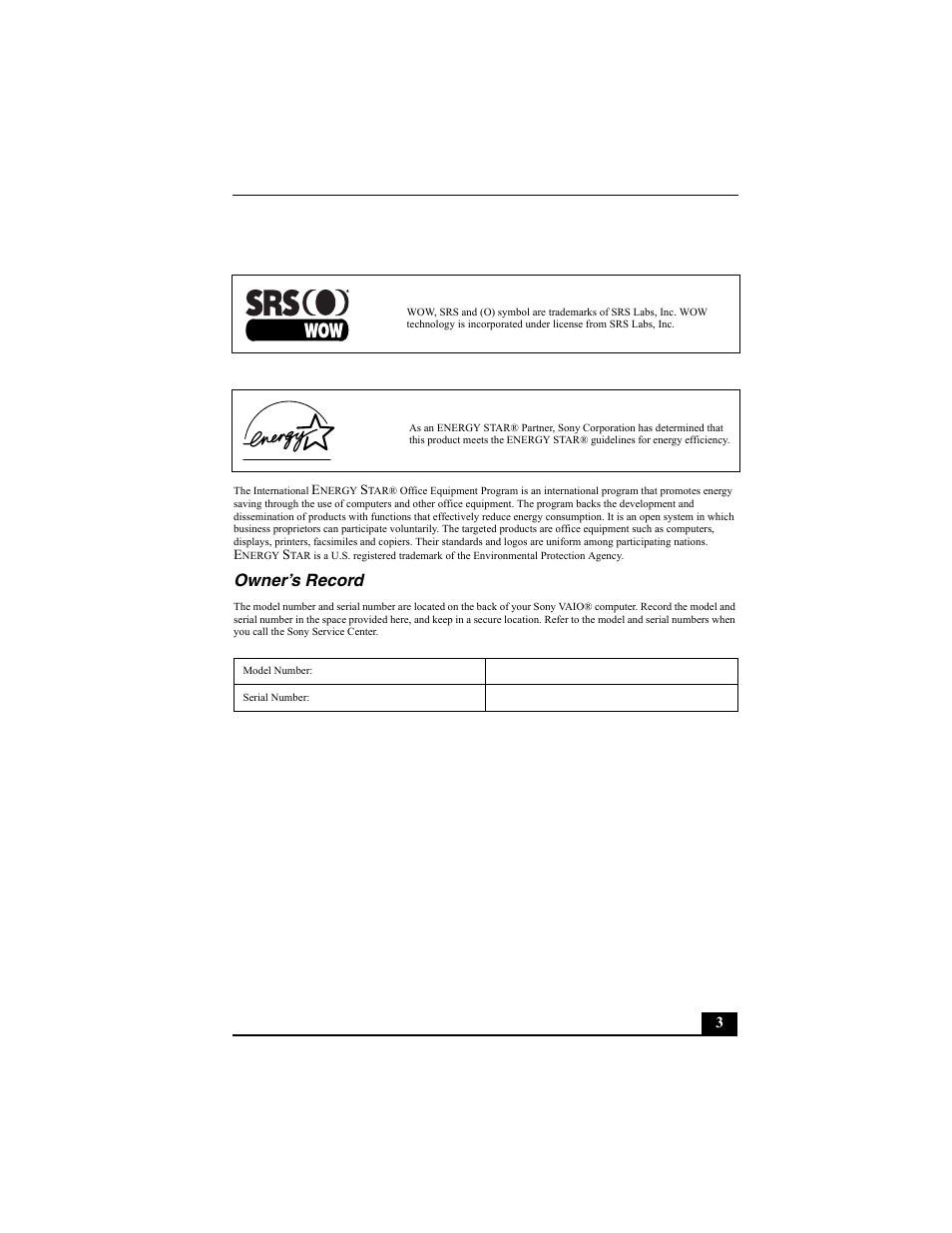 Owner’s record | Sony PCV-W600G User Manual | Page 3 / 40