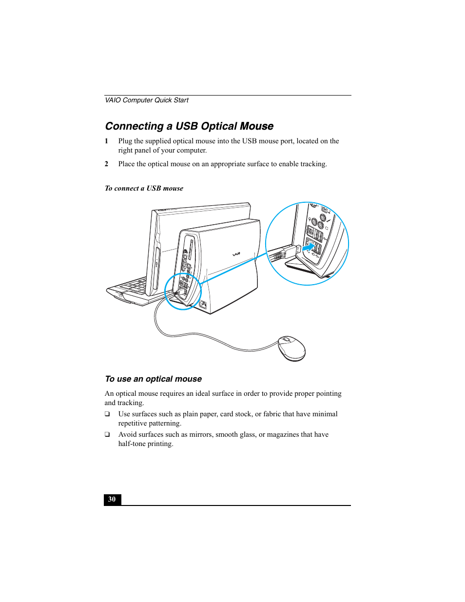 Connecting a usb optical mouse mouse | Sony PCV-W600G User Manual | Page 30 / 40