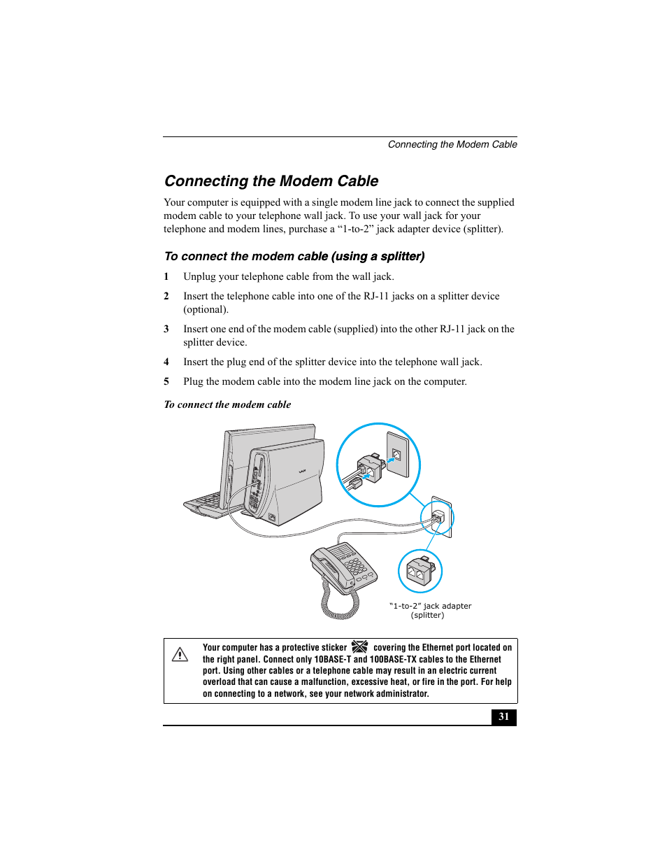 Connecting the modem cable | Sony PCV-W600G User Manual | Page 31 / 40