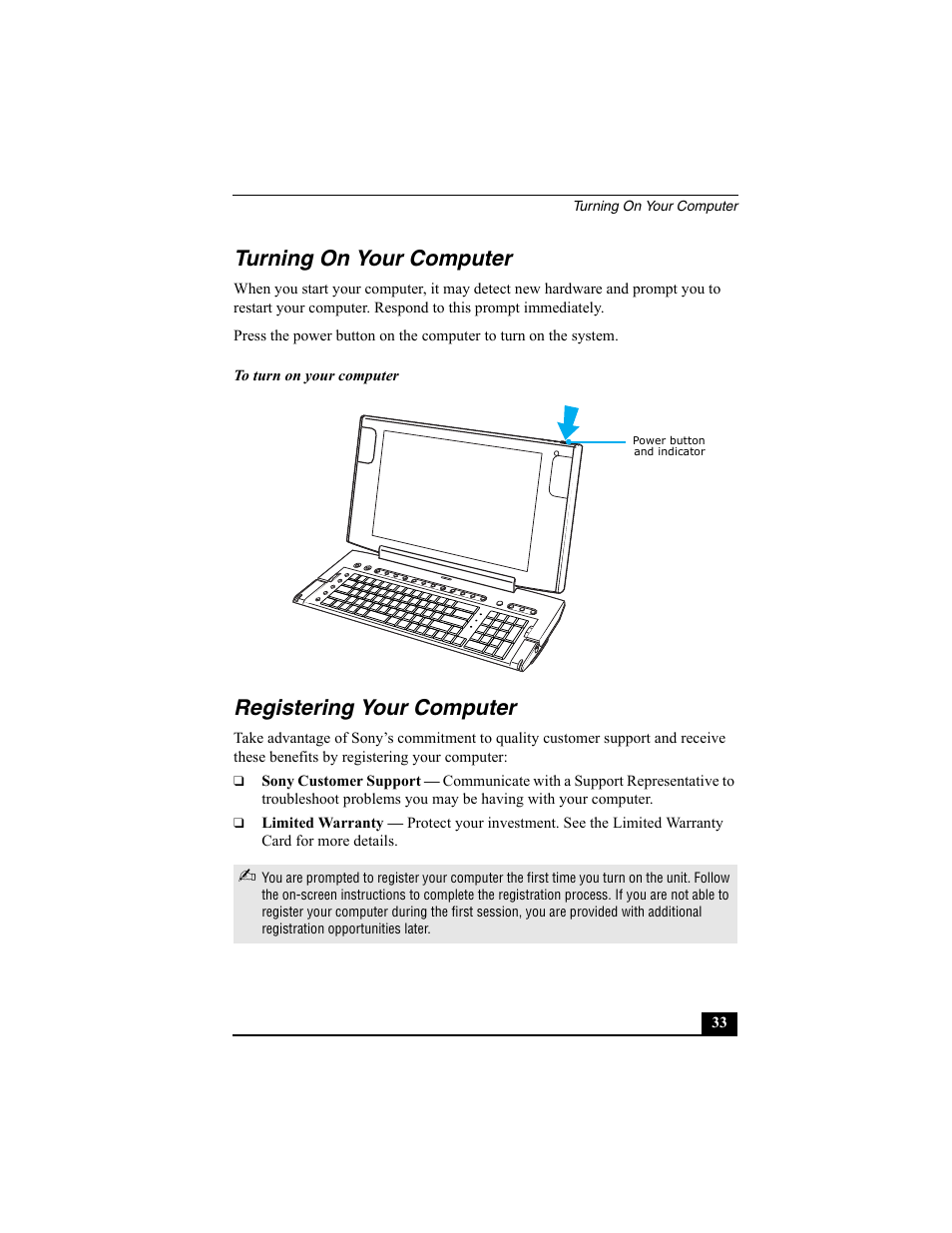 Turning on your computer, Registering your computer | Sony PCV-W600G User Manual | Page 33 / 40